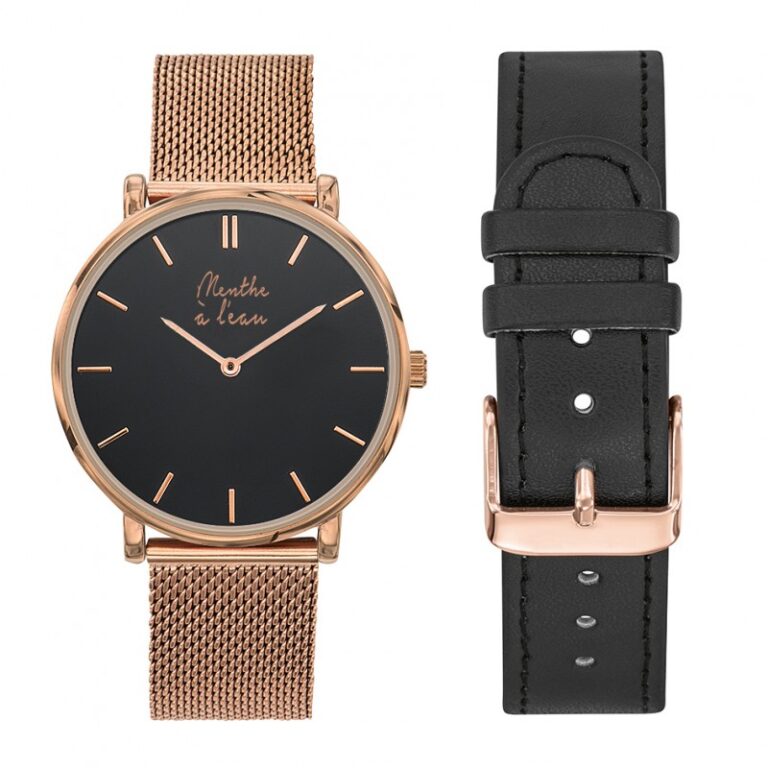 Menthe à l'eau - Coffret Montre Mixte L'Indécise maille dorée rose fond noir + façon c