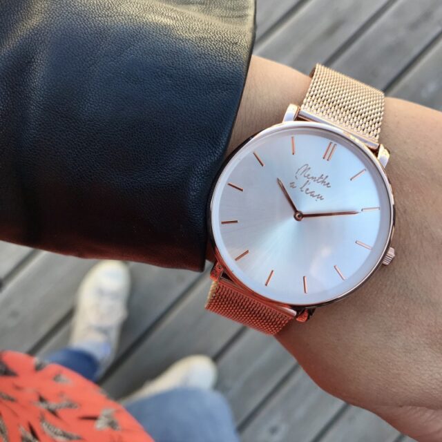 Menthe à l'eau - Coffret Montre Mixte L'Indécise maille dorée rose fond soleillé + fa