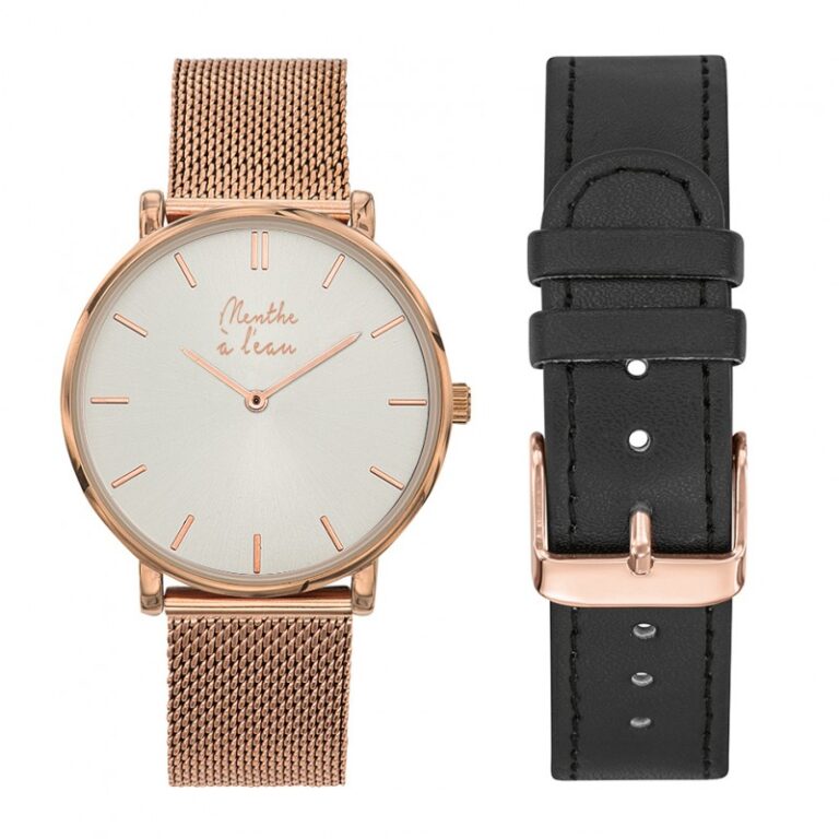 Menthe à l'eau - Coffret Montre Mixte L'Indécise maille dorée rose fond soleillé + fa