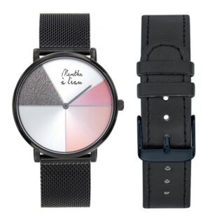 Menthe à l’eau - Coffret Montre Mixte LIndécise maille noire rose design + façon cuir noir