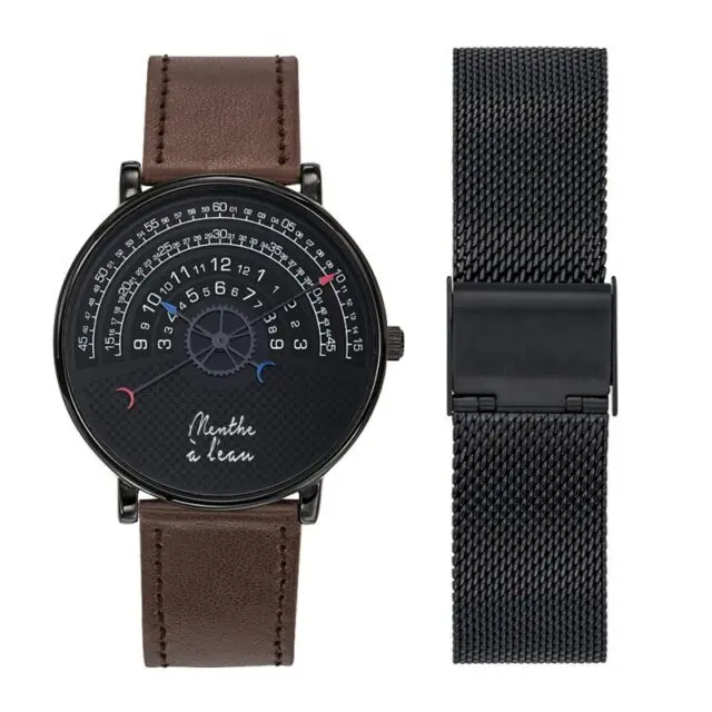 Menthe à l’eau - Coffret Montre Mixte La Rapporteuse façon cuir marron + maille noire