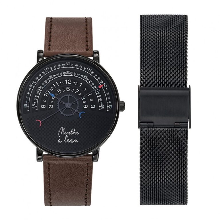 Menthe à l'eau - Coffret Montre Mixte La Rapporteuse façon cuir marron + maille noire