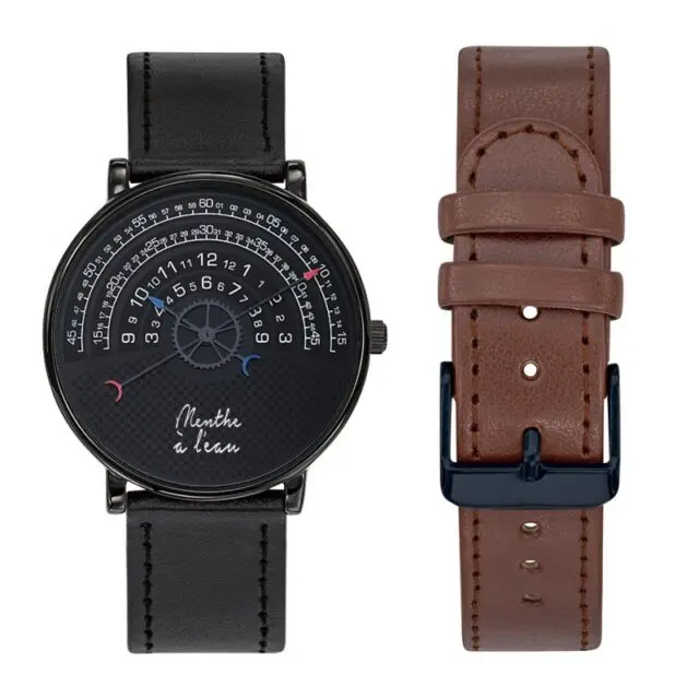 Menthe à l’eau - Coffret Montre Mixte La Rapporteuse façon cuir noir +façon cuir m