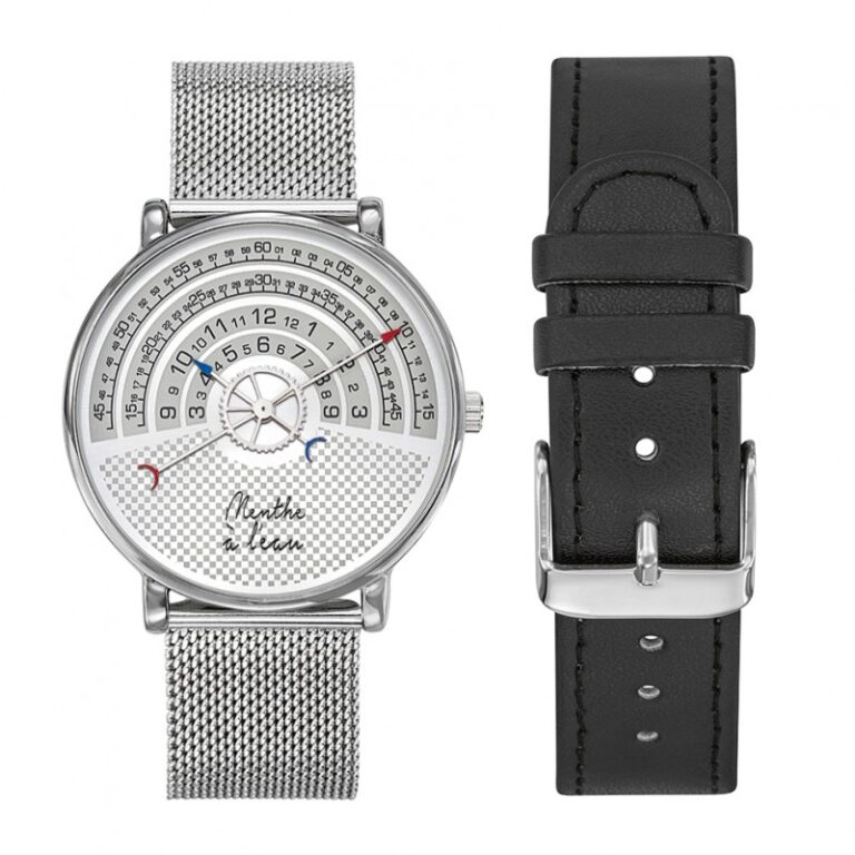 Menthe à l'eau - Coffret Montre Mixte La Rapporteuse maille chromée + façon cuir noir