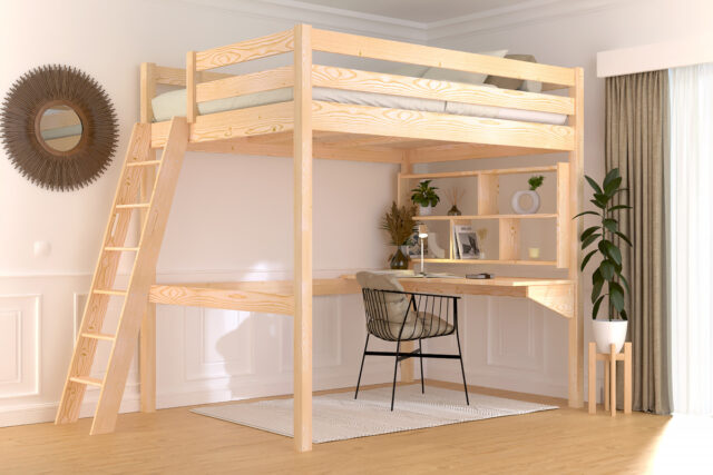 ABC MEUBLES - Lit mezzanine 2 places bois Sylvia 140x190 échelle inclinée