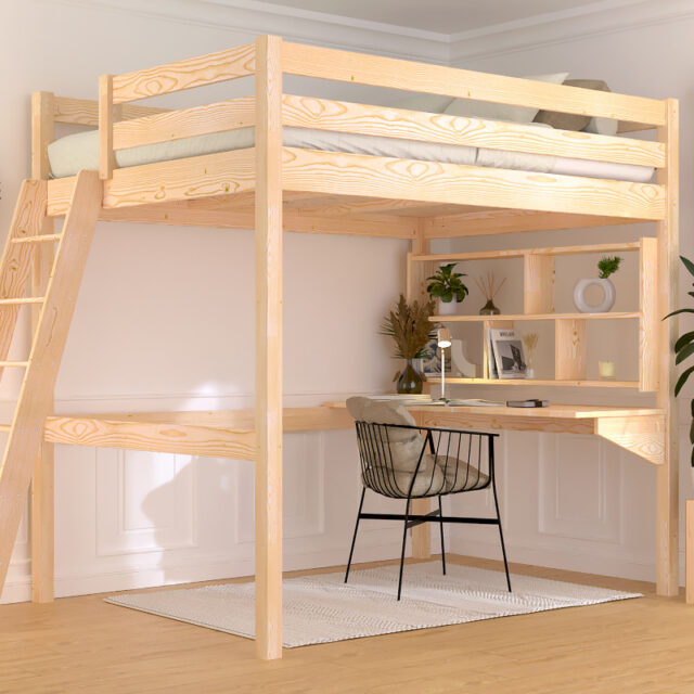 ABC MEUBLES - Lit mezzanine 2 places bois Sylvia 140x190 échelle inclinée