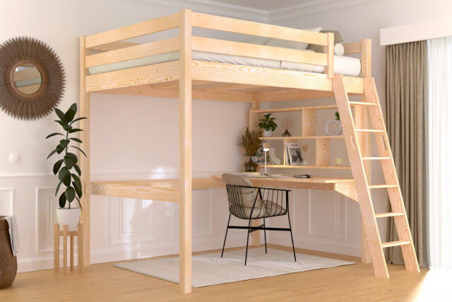 ABC MEUBLES - Lit mezzanine 2 places bois Sylvia 140x190 échelle inclinée