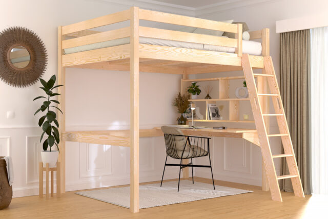 ABC MEUBLES - Lit mezzanine 2 places bois Sylvia 140x200 échelle inclinée