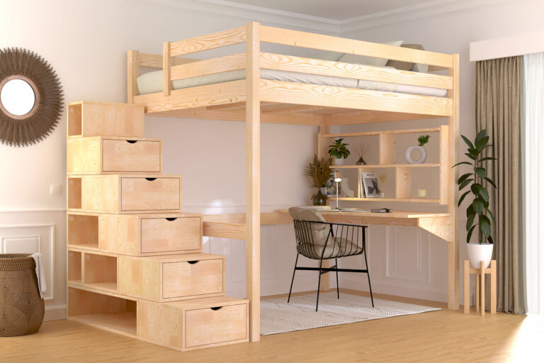 ABC MEUBLES - Lit mezzanine bois 140x200 Sylvia avec escalier cube