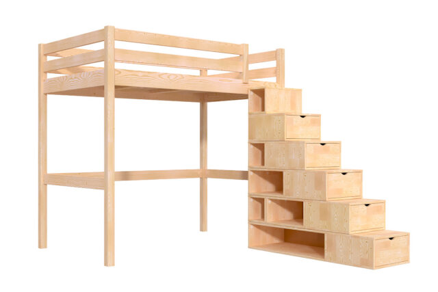 ABC MEUBLES - Lit mezzanine bois 120x200 Sylvia avec escalier cube