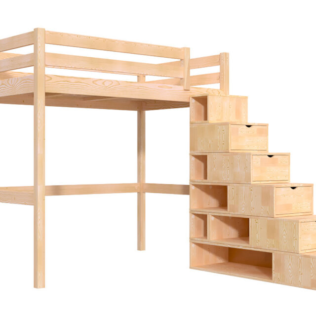 ABC MEUBLES - Lit mezzanine bois 120x200 Sylvia avec escalier cube