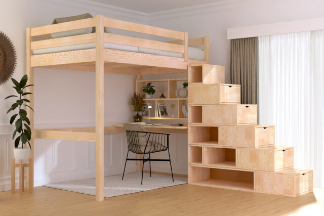 ABC MEUBLES - Lit mezzanine bois 120x200 Sylvia avec escalier cube