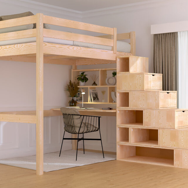 ABC MEUBLES - Lit mezzanine bois 120x200 Sylvia avec escalier cube