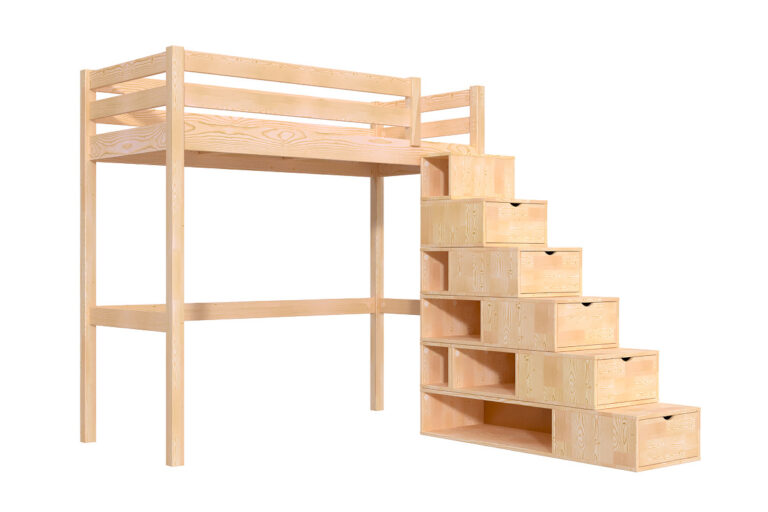 ABC MEUBLES - Lit mezzanine bois 90x200 Sylvia avec escalier cube