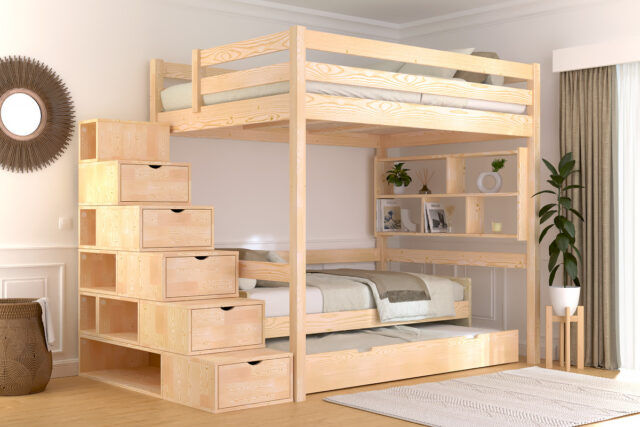 ABC MEUBLES - Lit mezzanine bois 140x200 Sylvia avec escalier cube