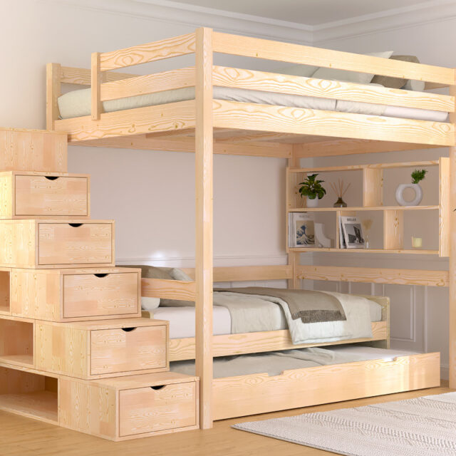 ABC MEUBLES - Lit mezzanine bois 140x200 Sylvia avec escalier cube