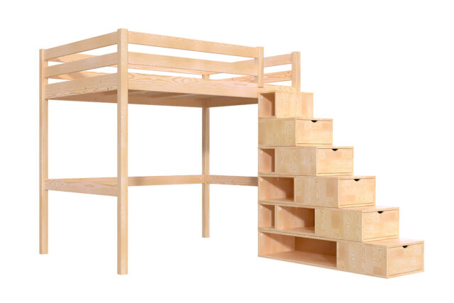 ABC MEUBLES - Lit mezzanine bois 140x200 Sylvia avec escalier cube