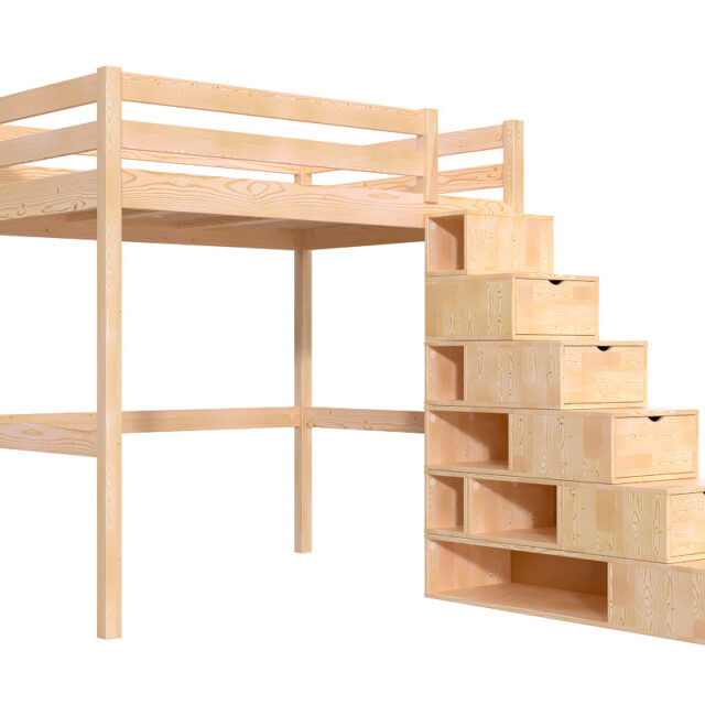 ABC MEUBLES - Lit mezzanine bois 140x200 Sylvia avec escalier cube