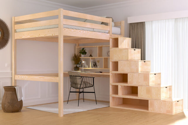 ABC MEUBLES - Lit mezzanine bois 140x200 Sylvia avec escalier cube