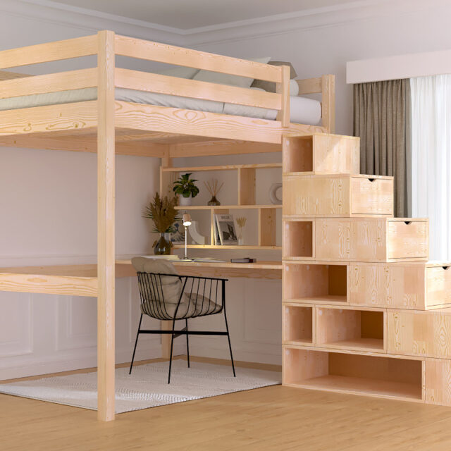 ABC MEUBLES - Lit mezzanine bois 140x200 Sylvia avec escalier cube