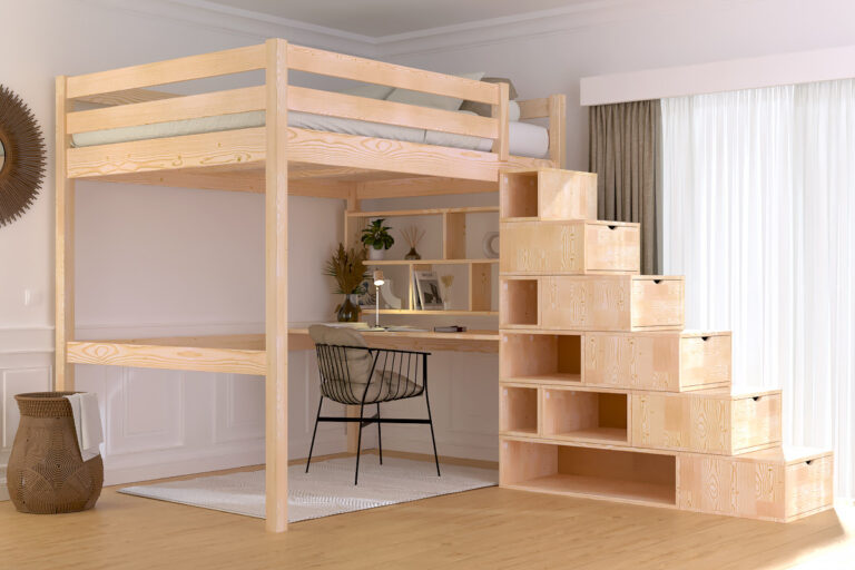 ABC MEUBLES - Lit mezzanine bois 140x200 Sylvia avec escalier cube