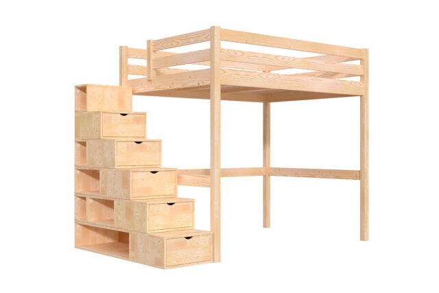 ABC Meubles - Lit mezzanine bois 140×200 Sylvia avec escalier cube