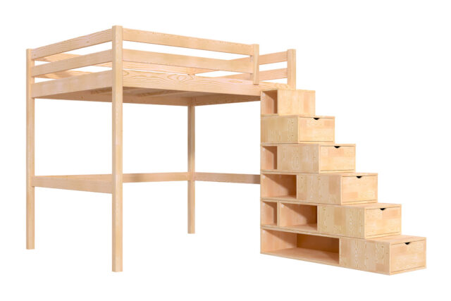 ABC MEUBLES - Lit Mezzanine bois 160x200 avec escalier cube Sylvia