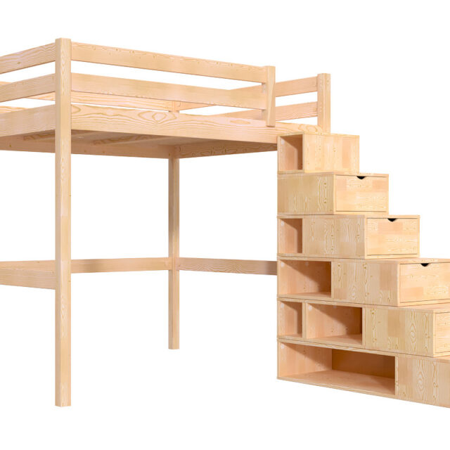 ABC MEUBLES - Lit Mezzanine bois 160x200 avec escalier cube Sylvia