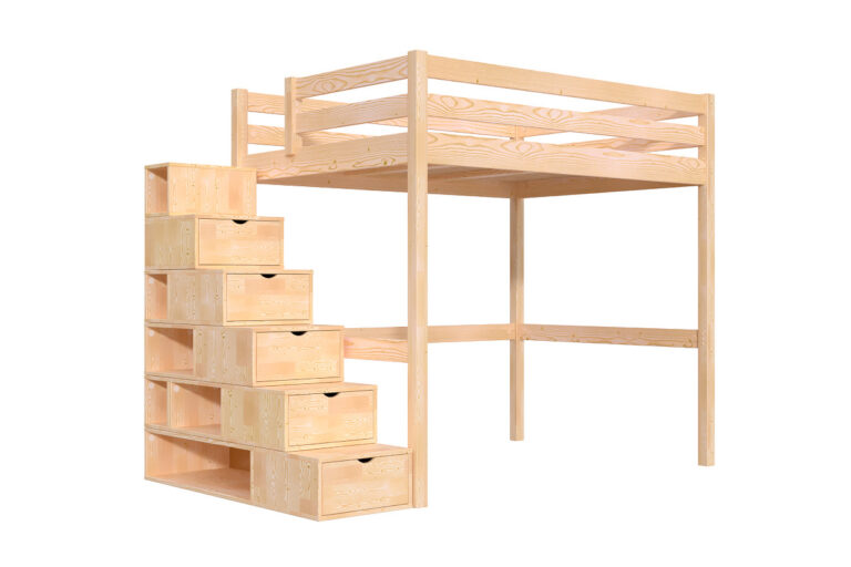 ABC MEUBLES - Lit mezzanine bois 140x200 Sylvia avec escalier cube
