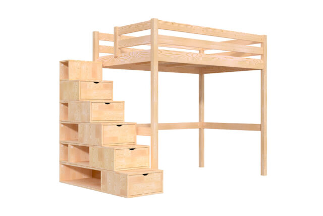 ABC Meubles - Lit mezzanine bois 120×200 Sylvia avec escalier cube