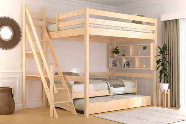 ABC MEUBLES - Lit mezzanine bois 140x200 Sylvia avec escalier de meunier