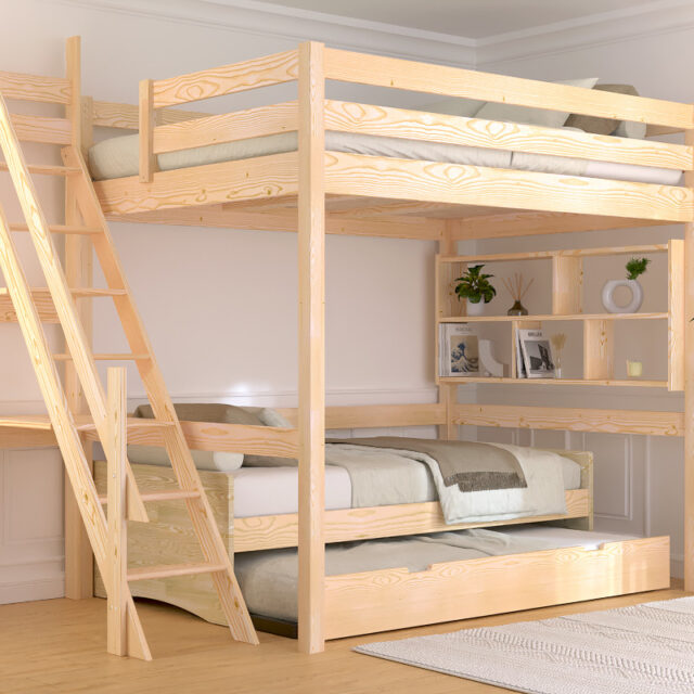 ABC MEUBLES - Lit mezzanine bois 140x200 Sylvia avec escalier de meunier