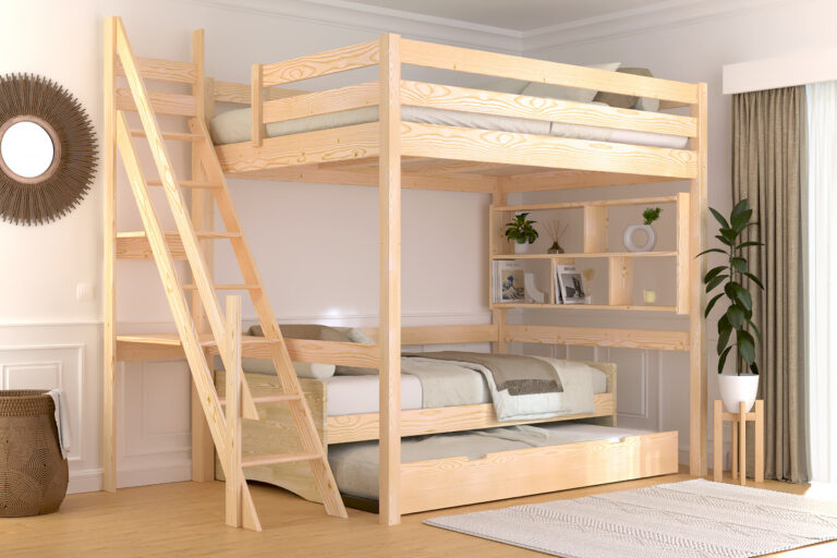 ABC MEUBLES - Lit mezzanine bois 140x200 Sylvia avec escalier de meunier