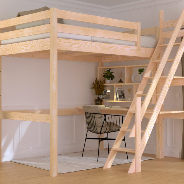 ABC MEUBLES - Lit mezzanine bois 120x200 Sylvia avec escalier de meunier