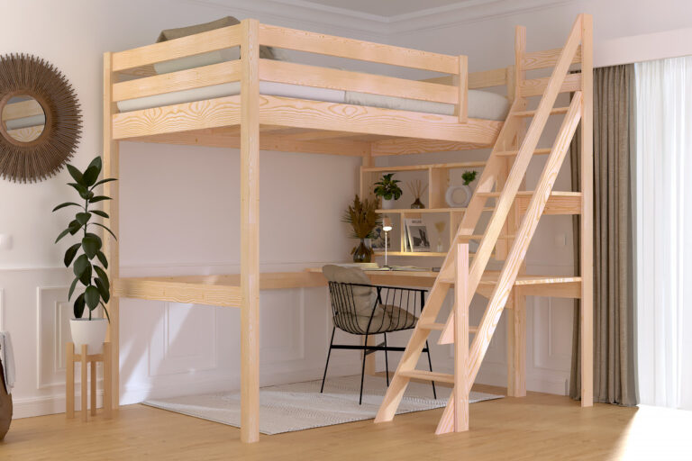 ABC MEUBLES - Lit mezzanine bois 120x200 Sylvia avec escalier de meunier