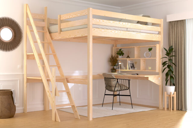 ABC MEUBLES - Lit mezzanine bois 140x200 Sylvia avec escalier de meunier