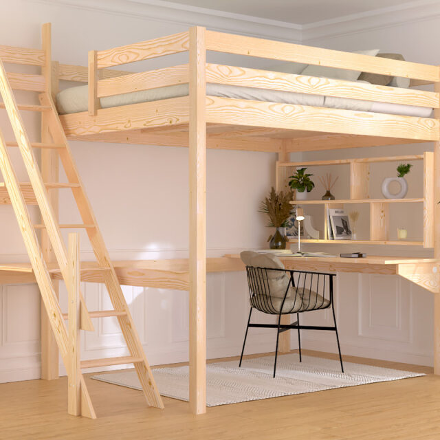 ABC MEUBLES - Lit mezzanine bois 140x200 Sylvia avec escalier de meunier