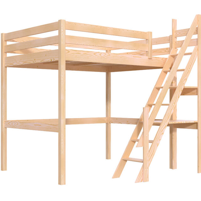 ABC MEUBLES - Lit mezzanine bois 140x200 Sylvia avec escalier de meunier