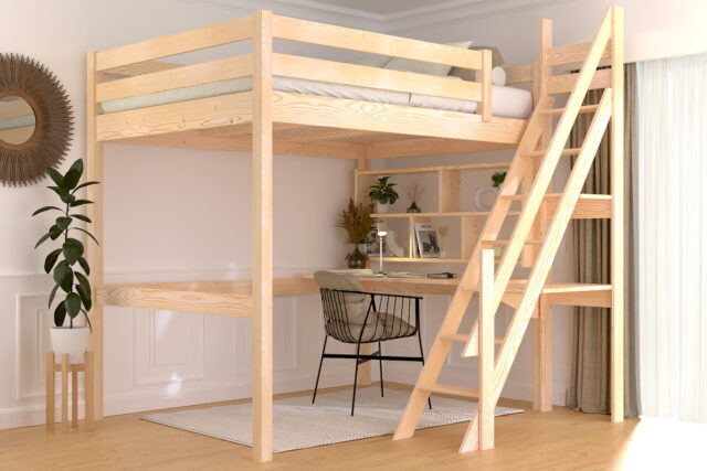 ABC MEUBLES - Lit mezzanine bois 140x200 Sylvia avec escalier de meunier