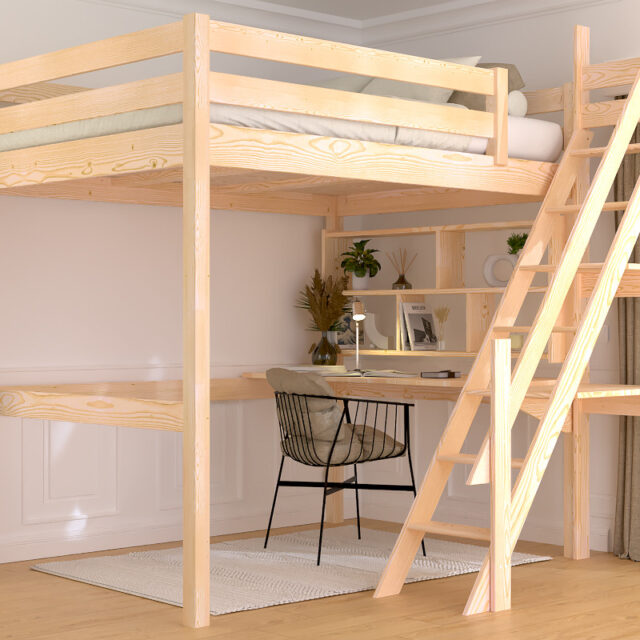 ABC MEUBLES - Lit mezzanine bois 140x200 Sylvia avec escalier de meunier