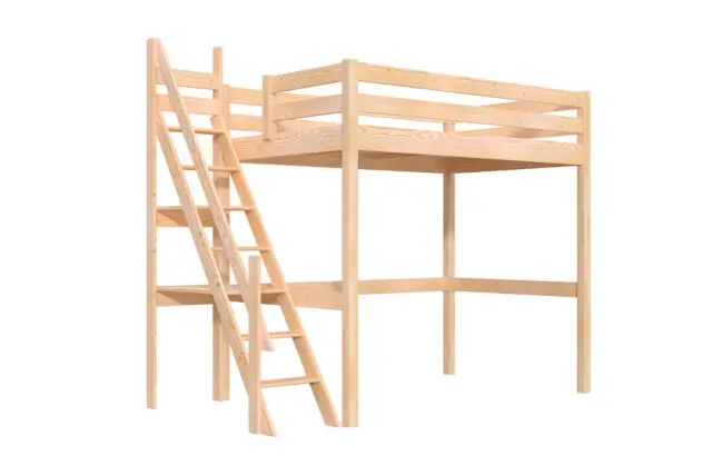 ABC Meubles - Lit mezzanine bois 120×200 Sylvia avec escalier de meunier