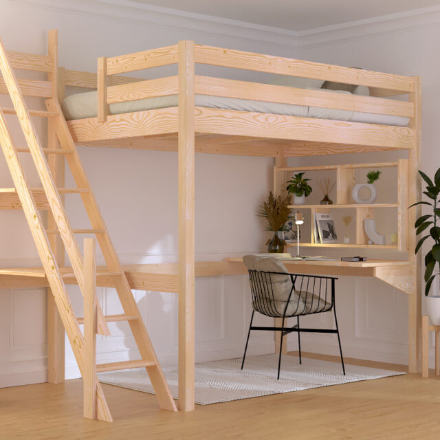 ABC MEUBLES - Lit mezzanine bois 120x200 Sylvia avec escalier de meunier