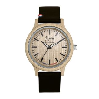 Menthe à l’eau - Montre Bois LÉrable bracelet Croute de cuir Noir cocarde Bleu/Blanc/Rouge