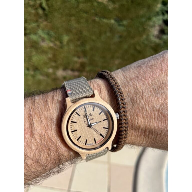 Menthe à l'eau - Montre Bois L'Érable bracelet tissu et Cuir beige cocarde Bleu/Blanc/Rouge – Beige