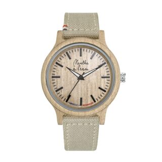 Montre Bois L’Érable bracelet tissu et Cuir beige cocarde Bleu/Blanc/Rouge par la marque Menthe à l’eau Menthe à l’eau - Montre Bois L’Érable bracelet tissu et Cuir beige cocarde Bleu/Blanc/Rouge