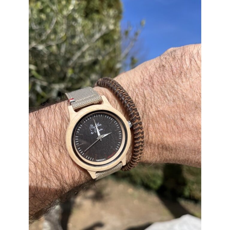 Menthe à l'eau - Montre Bois L'Érable fond anthracite bracelet tissu et Cuir beige cocarde Bleu/blanc/rouge – Beige