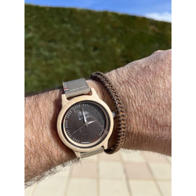 Menthe à l'eau - Montre Bois L'Érable fond anthracite bracelet tissu et Cuir beige