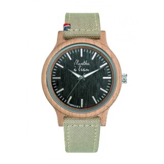Menthe à l’eau - Montre Bois LÉrable fond anthracite bracelet tissu et Cuir beige cocarde Bleu/blanc/rouge