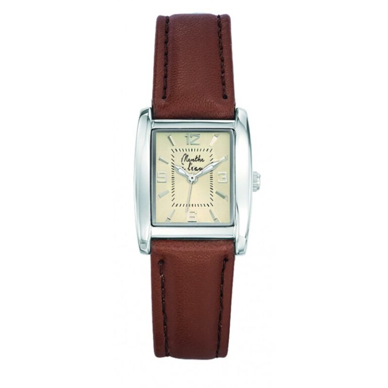 Menthe à l'eau - Montre Femme La Rectangle bracelet cuir camel fond champagne