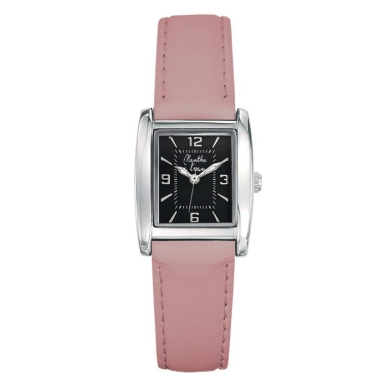 Menthe à l'eau - Montre Femme La Rectangle bracelet cuir Rose Pastel fond noir